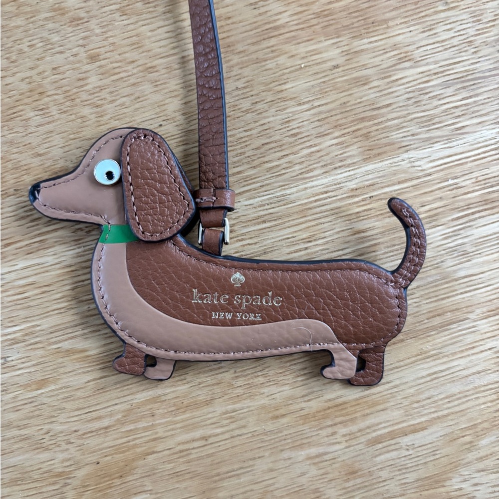 kate spade Brown and Tan Dachshund Leather Bag Charm with Green Collar